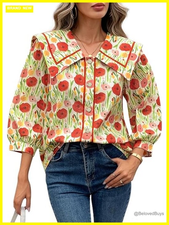 Tops - Floral Button Down Blouse 3/4 Sleeve Peter Pan Collar Cotton